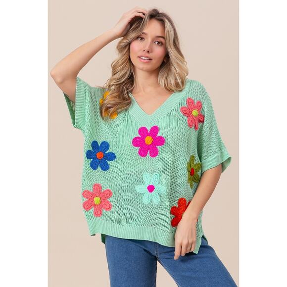BiBi Sage Green Flower Patches Dolman Lightweight V-Neck Sweater NEW Floral - Picture 1 of 11